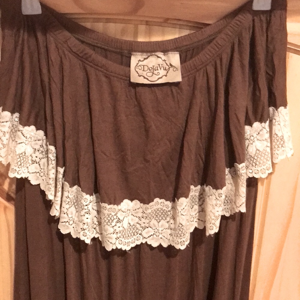 DEJAVU Boho Jersey Maxi Dress Lace Trim Size M Strapless Dress
